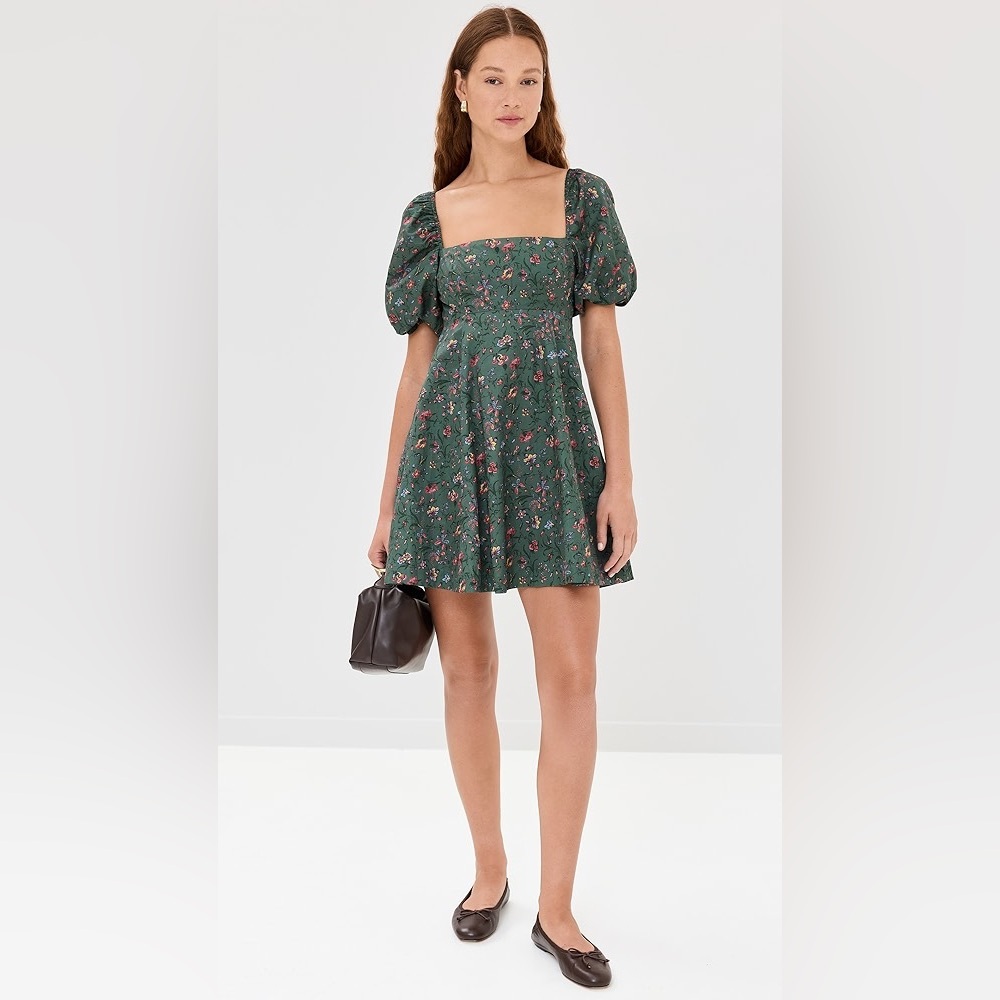 Hill House Forest Green Floral Puff-Sleeve Midi Dress